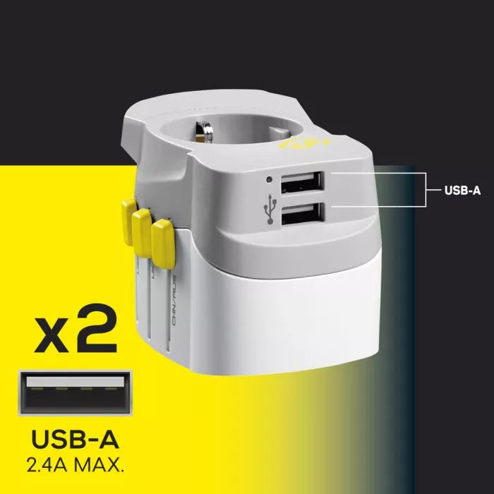NEW ADAPTADOR ENCHUFE UNIVERSAL CON TIERRA TRES CLAVIJAS + 2 USB - Pilgrim Tienda para viajeros