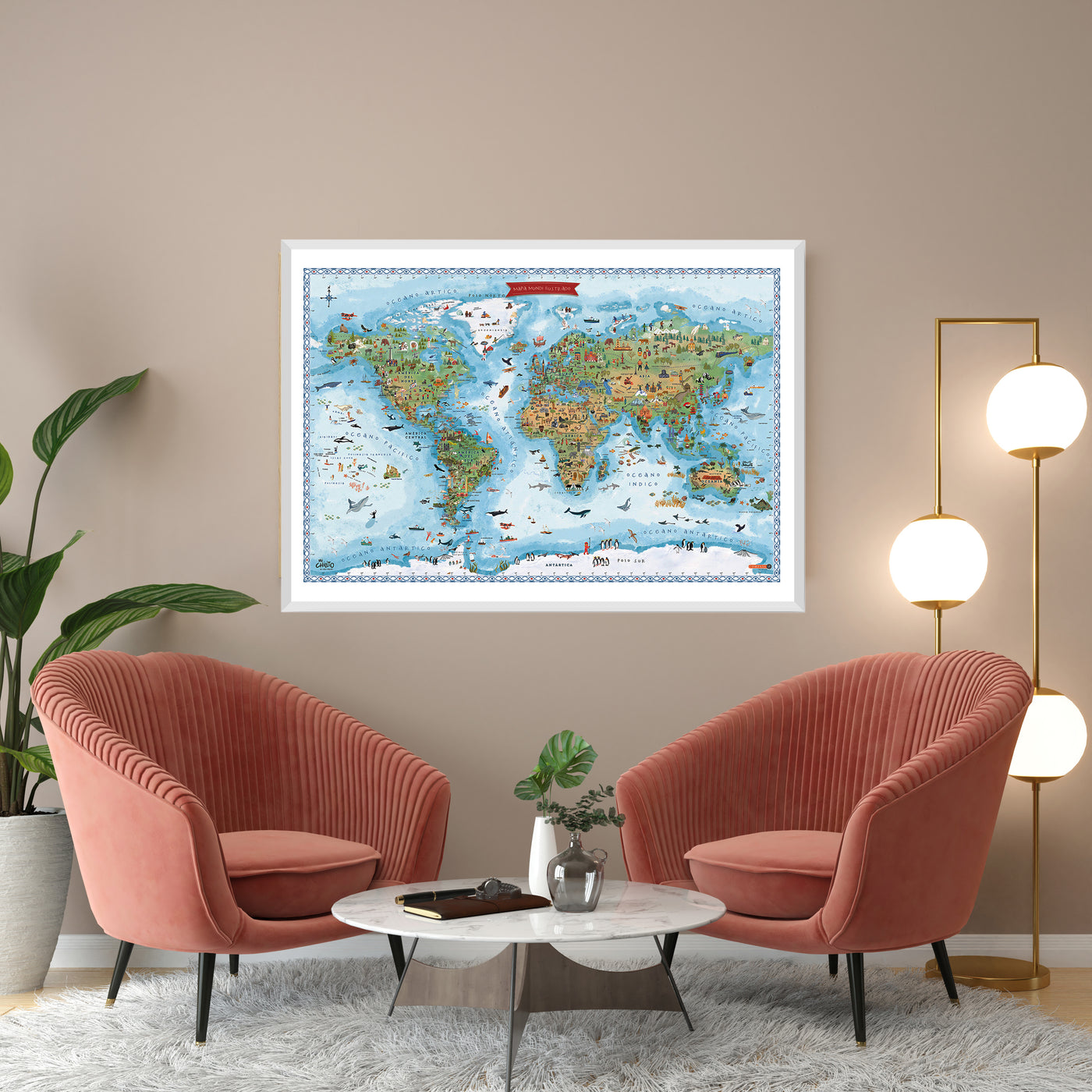 MAPA MUNDI ILUSTRADO AZUL ENMARCADO