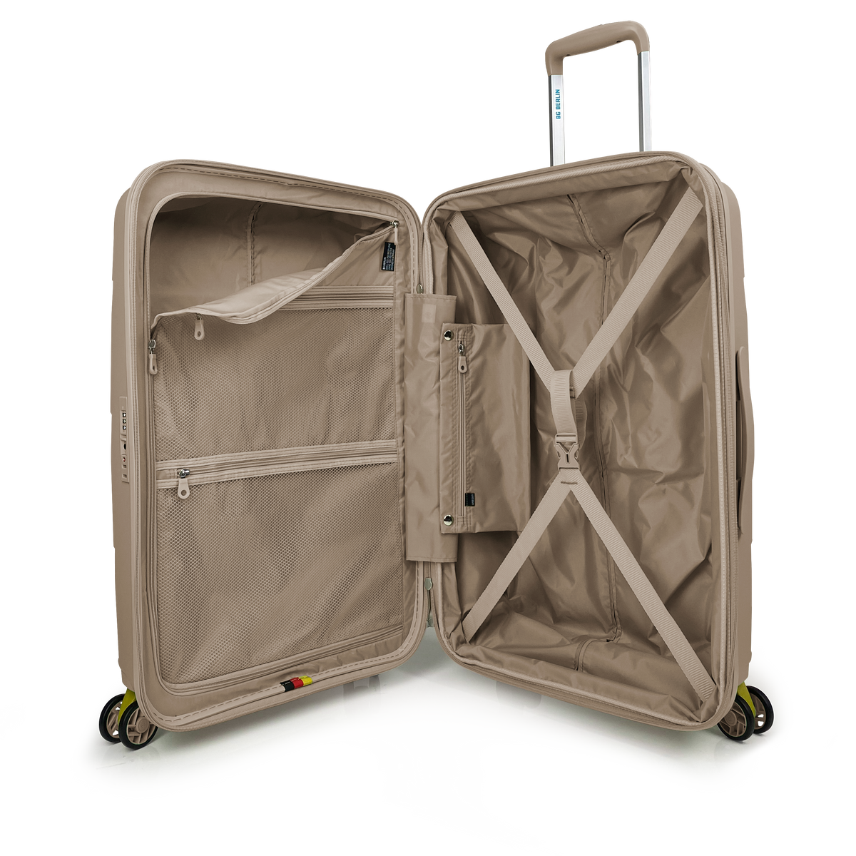 Maleta mediana BG Berlin ZIP² 81 L (18 kg) beige, abierta con compartimentos interiores