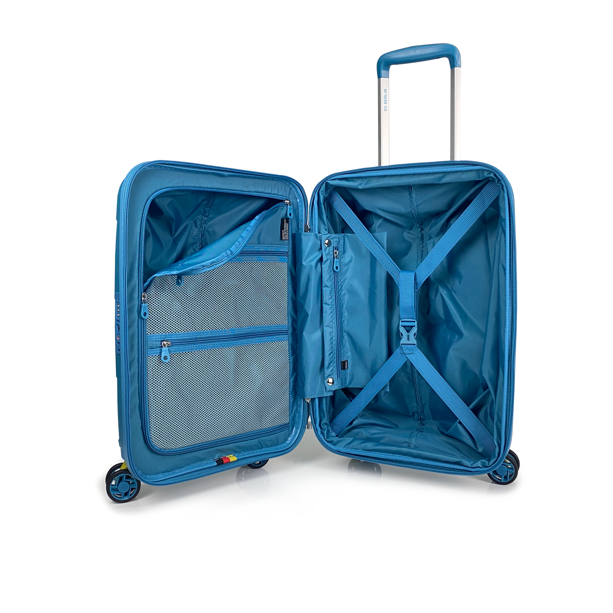 Maleta de cabina BG Berlin ZIP² 35 L (10 kg) azul, abierta con compartimentos interiores