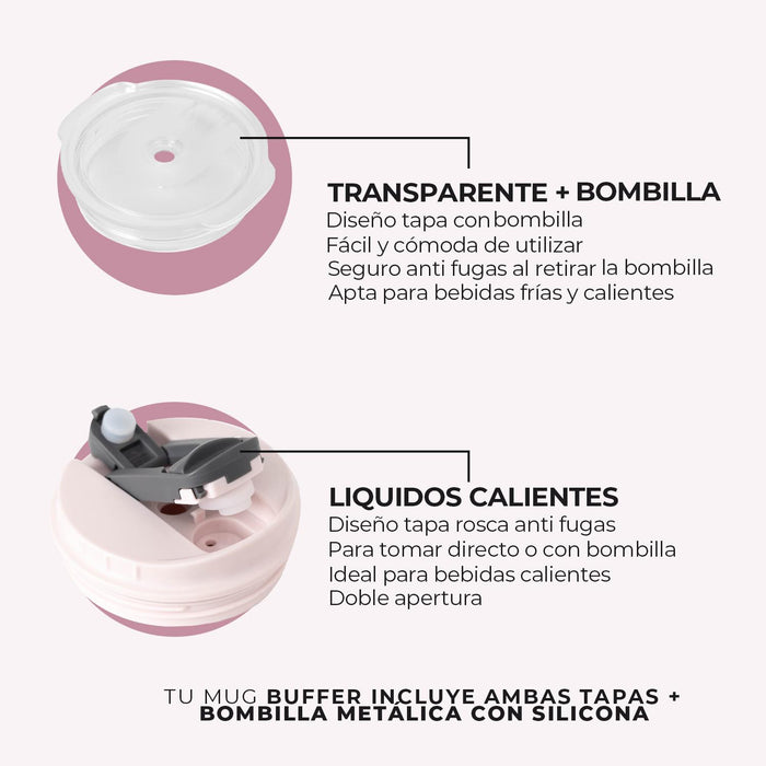 MUG VASO TERMICO BUFFER ROQUES 600ML + 2 TAPAS Y BOMBILLA - Pilgrim Tienda para viajeros