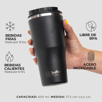 MUG VASO TERMICO BUFFER ROQUES 600ML + 2 TAPAS Y BOMBILLA