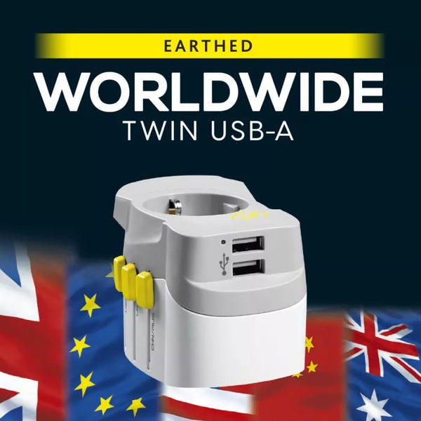 NEW ADAPTADOR ENCHUFE UNIVERSAL CON TIERRA TRES CLAVIJAS + 2 USB - Pilgrim Tienda para viajeros