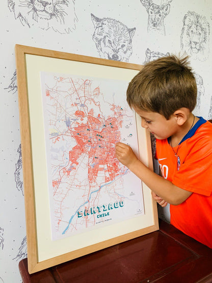 MAPA PINS SANTIAGO RETRO MARCO MADERA
