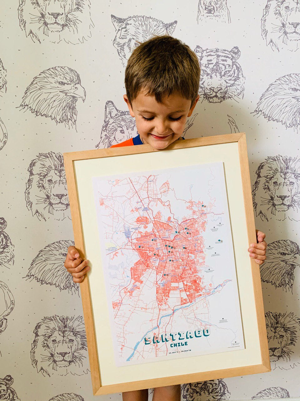 MAPA PINS SANTIAGO RETRO MARCO MADERA