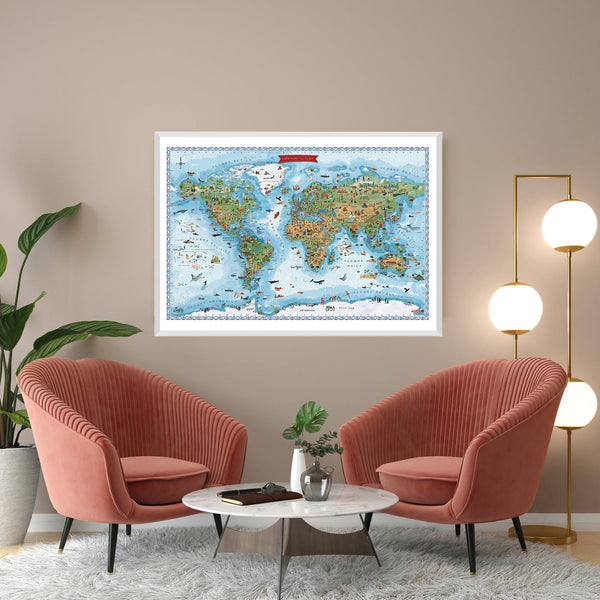 Mapa Mundi Ilustrado Mapas Compass Azul Enmarcado 104 x 70 cm