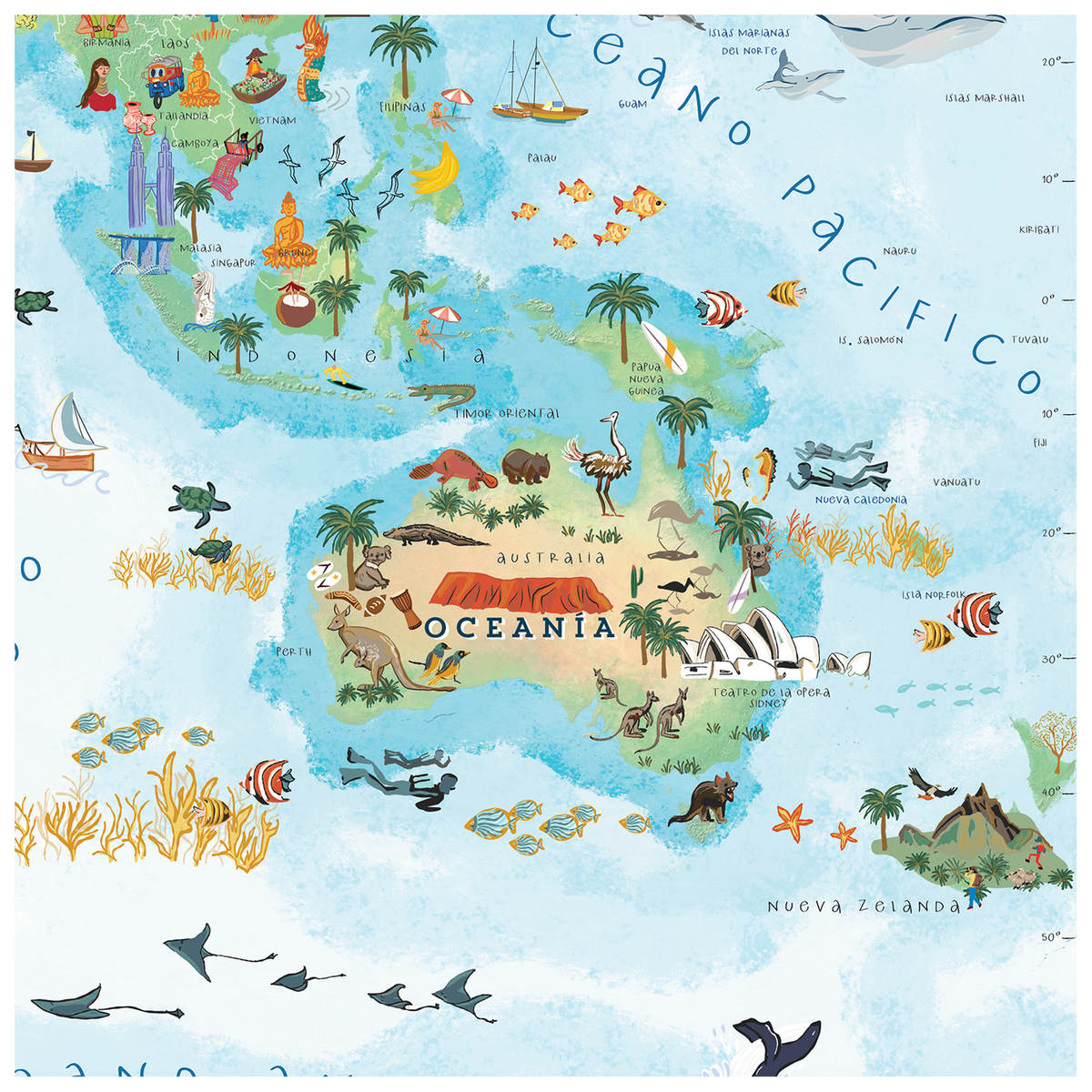 Mapa Mundi Ilustrado Mapas Compass Azul Enmarcado 104 x 70 cm - Pilgrim Tienda para viajeros