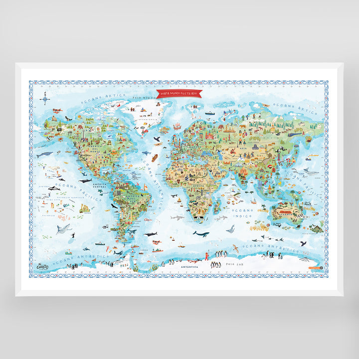 Mapa Mundi Ilustrado Mapas Compass Azul Enmarcado 104 x 70 cm - Pilgrim Tienda para viajeros
