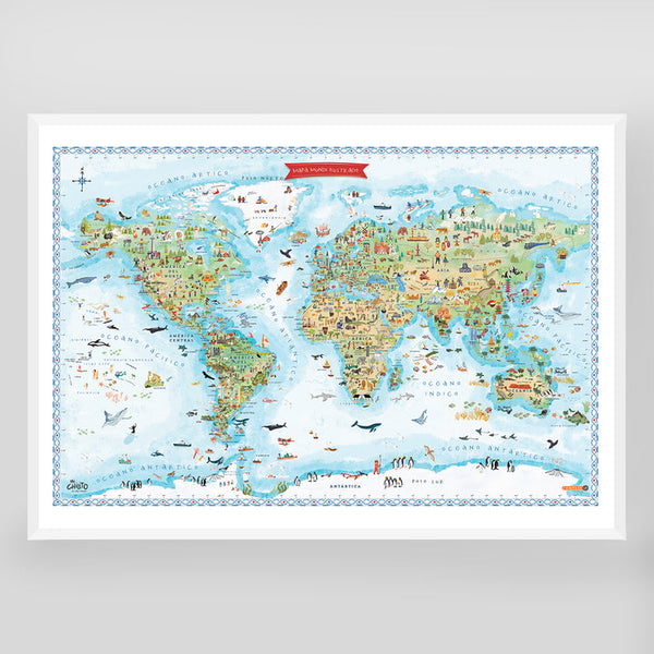 Mapa Mundi Ilustrado Mapas Compass Azul Enmarcado 104 x 70 cm
