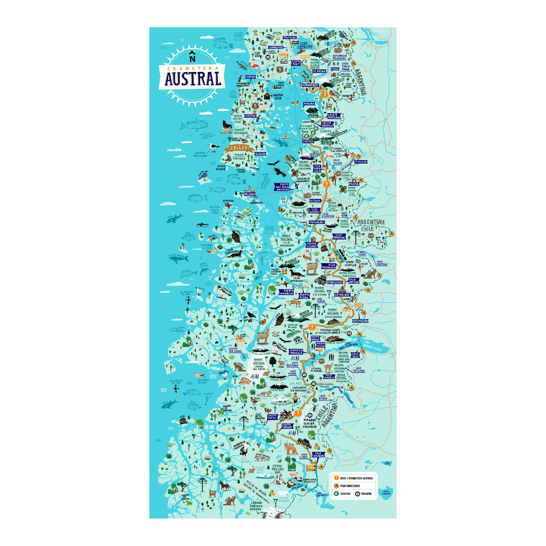 POSTER/ MAPA ILUSTRADO CARRETERA AUSTRAL 40x80 CMS
