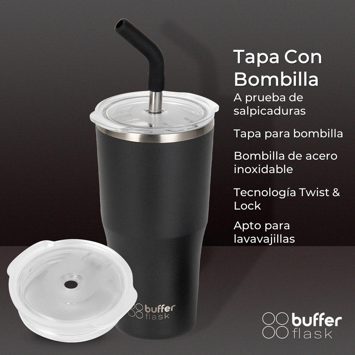 MUG VASO TERMICO BUFFER ROQUES 600ML + 2 TAPAS Y BOMBILLA - Pilgrim Tienda para viajeros