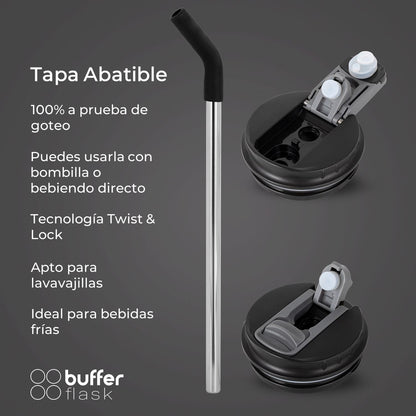 MUG VASO TERMICO BUFFER ROQUES 600ML + 2 TAPAS Y BOMBILLA