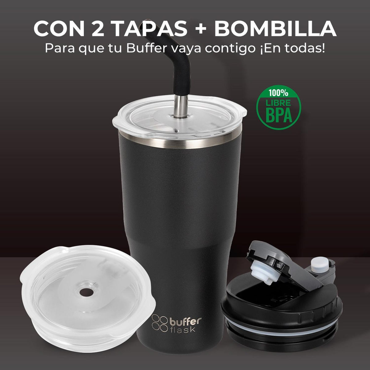 MUG VASO TERMICO BUFFER ROQUES 600ML + 2 TAPAS Y BOMBILLA - Pilgrim Tienda para viajeros