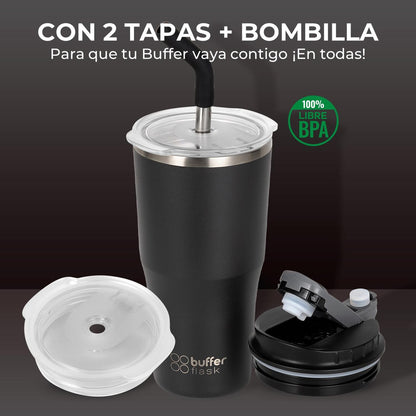 MUG VASO TERMICO BUFFER ROQUES 600ML + 2 TAPAS Y BOMBILLA