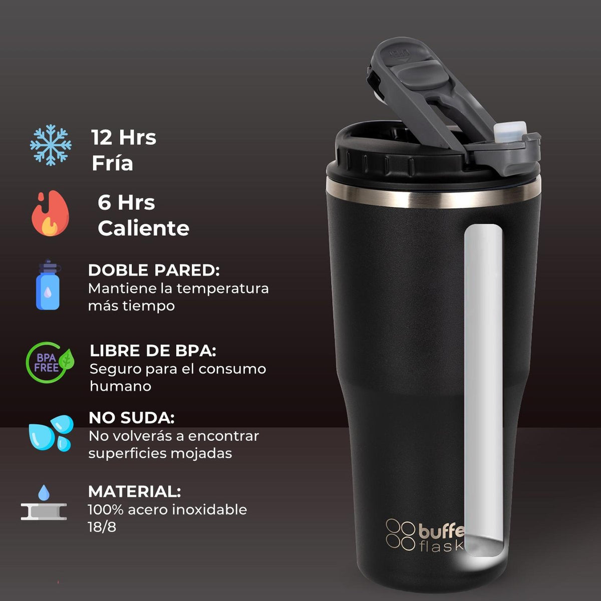 MUG VASO TERMICO BUFFER ROQUES 600ML + 2 TAPAS Y BOMBILLA - Pilgrim Tienda para viajeros