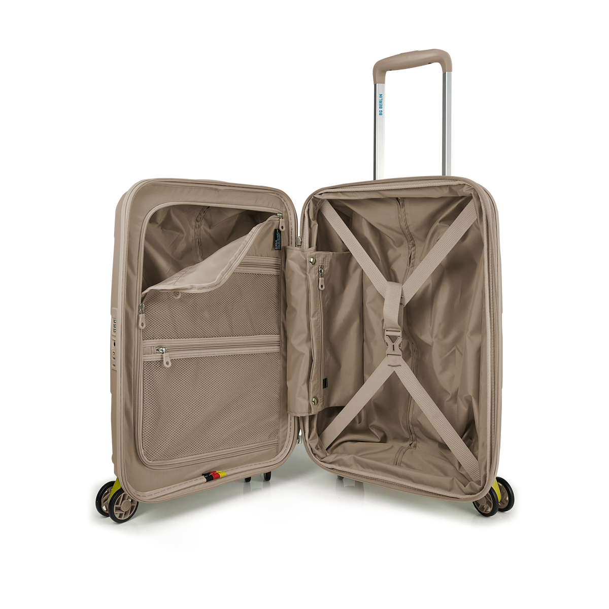 Maleta de cabina BG Berlin ZIP² 35 L (10 kg) arena, abierta con compartimentos interiores
