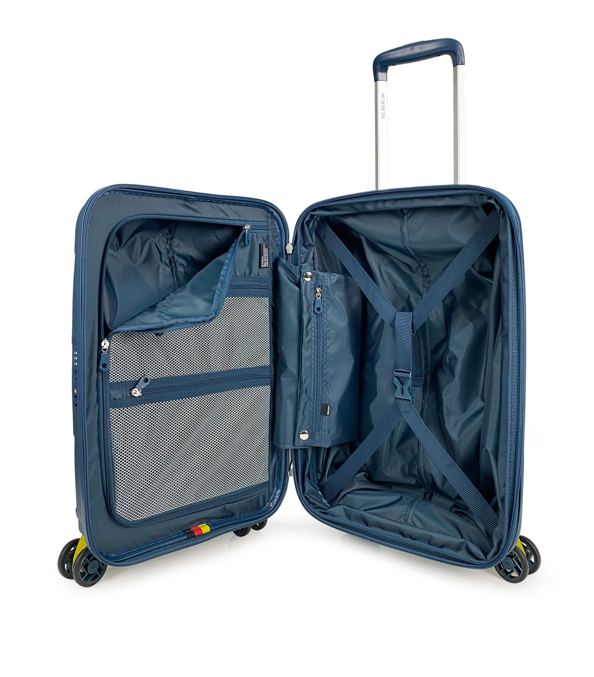 Maleta de cabina BG Berlin ZIP² 35 L (10 kg) azul marino, abierta con compartimentos interiores