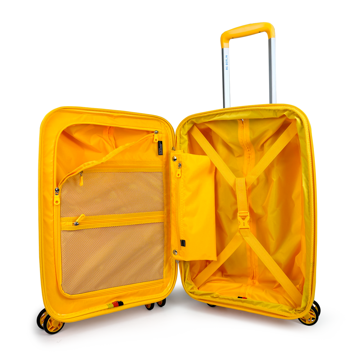 Maleta de cabina BG Berlin ZIP² 35 L (10 kg) amarilla, abierta con compartimentos interiores