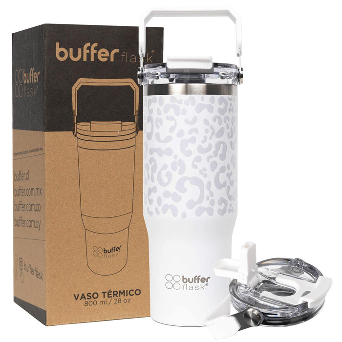 Mug Vaso Térmico Buffer Cuzco 900 ml con Asa y Bombilla - Blanco Leopard