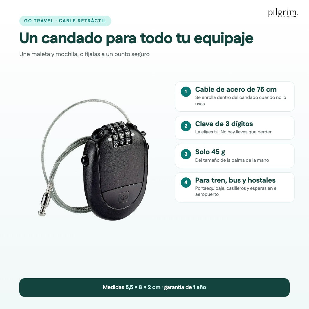 Candado Go Travel con cable de acero retráctil de 75 cm y clave de 3 dígitos, 45 g