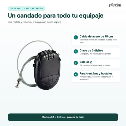 Candado Go Travel con cable de acero retráctil de 75 cm y clave de 3 dígitos, 45 g