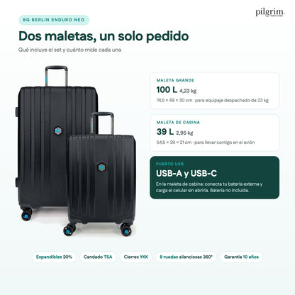 Qué incluye el set BG Berlin Enduro Neo: maleta grande 100 L y maleta de cabina 39 L con puerto USB-A y USB-C