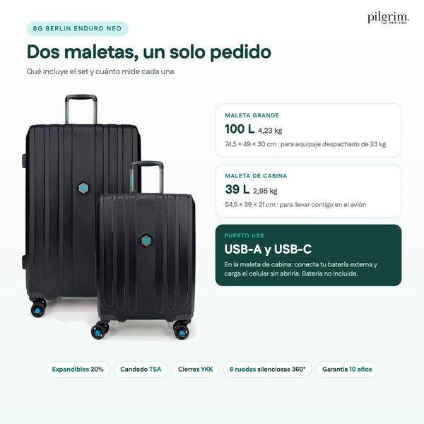 Qué incluye el set BG Berlin Enduro Neo: maleta grande 100 L y maleta de cabina 39 L con puerto USB-A y USB-C