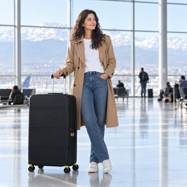 Maleta grande BG Berlin ZIP² 125 L negra junto a una viajera en el aeropuerto: llega a la altura de la cadera