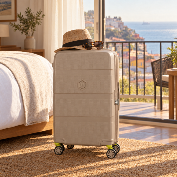 Maleta mediana BG Berlin ZIP² 81 L beige en la pieza de un hotel frente al mar