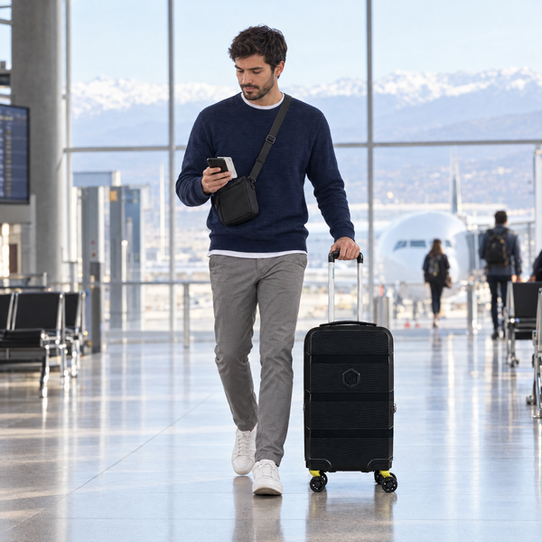 Maleta de cabina BG Berlin ZIP² 35 L negra junto a un viajero en la puerta de embarque: llega sobre la rodilla