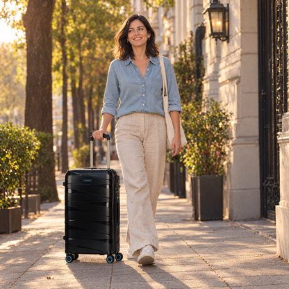 Maleta mediana BG Berlin TED negra junto a una viajera en Santiago: le llega a mitad del muslo
