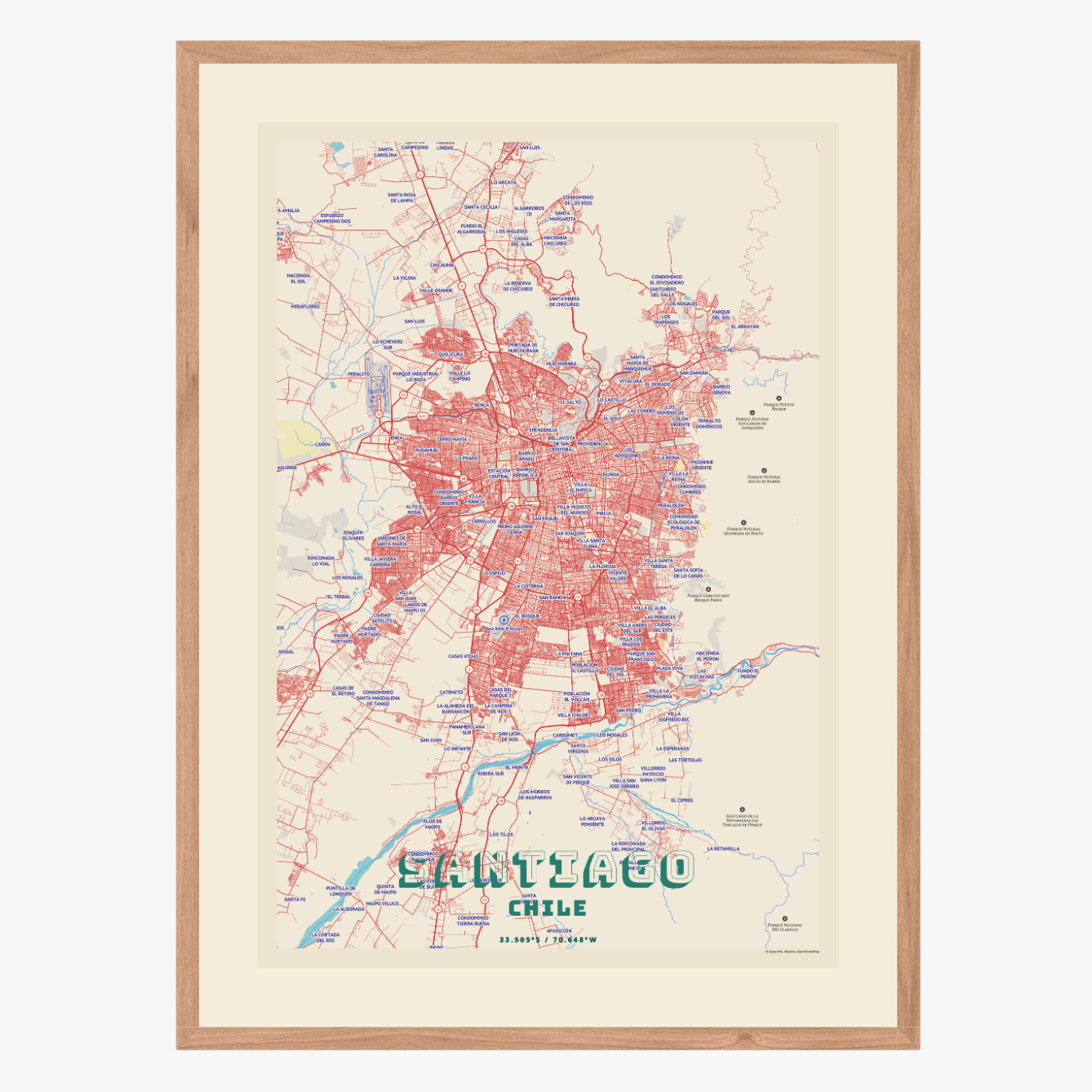 MAPA PINS SANTIAGO RETRO MARCO MADERA