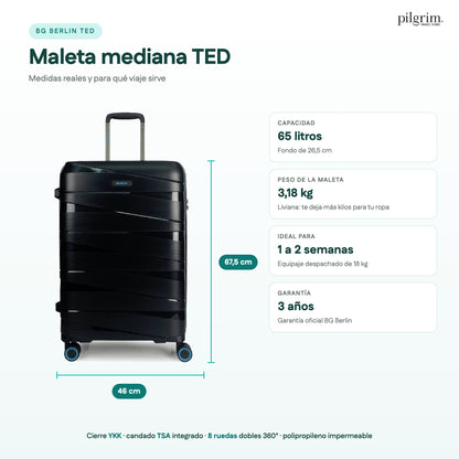 Medidas de la maleta mediana BG Berlin TED: 67,5 × 46 × 26,5 cm, 65 litros, 3,18 kg